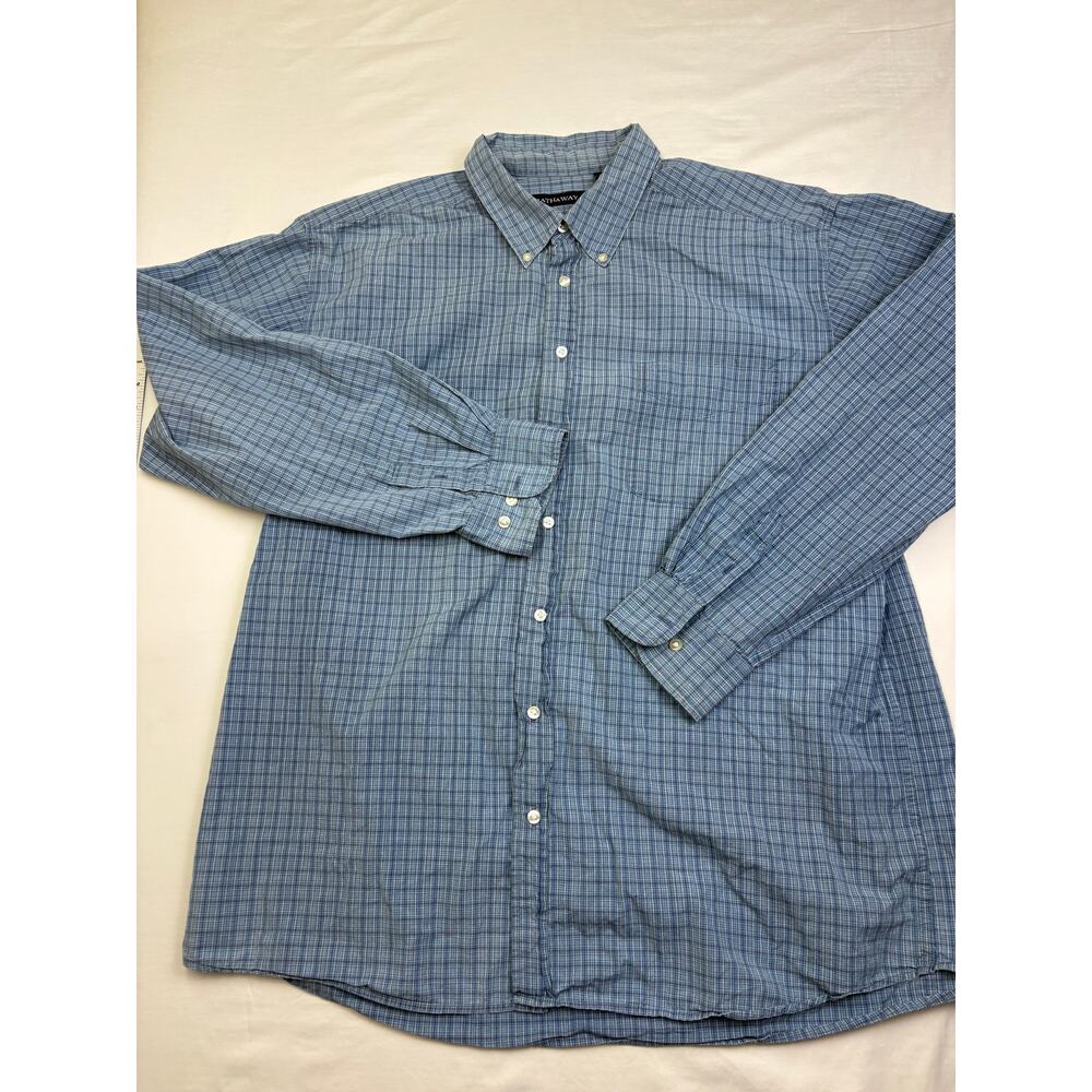 Hathaway Men's XXL Blue Plaid Long Sleeve Button Down Shirt 100% Cotton